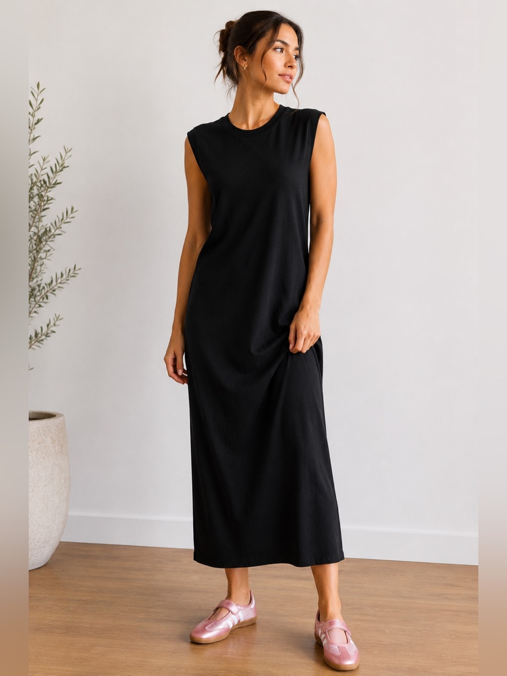 Buck Mason Muscle Tank Dress Black Sleeveless Midi Cotton Women's Medium